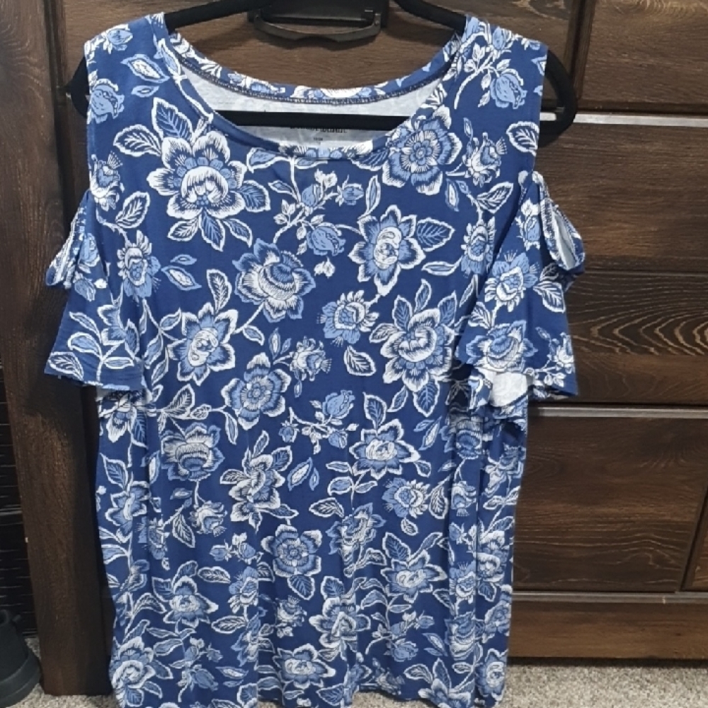 Woman Within Blue Floral Cold Shoulder Top Size 22/24